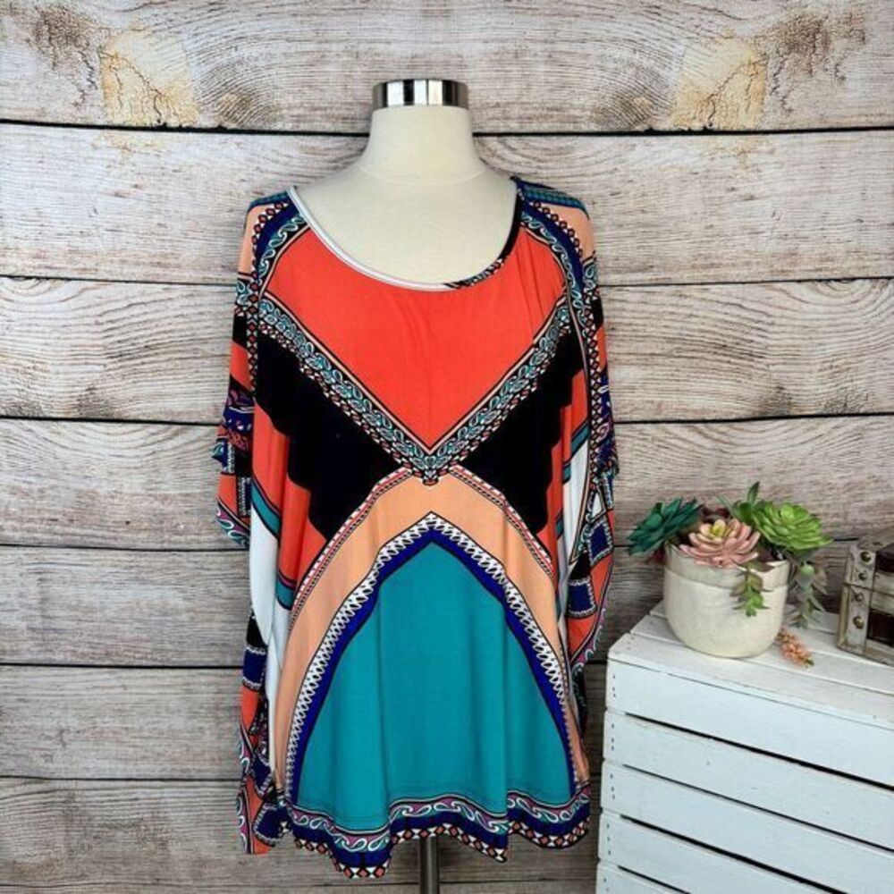 5/$25 NY Collection Geometric Print Boho Tunic Top Multi Color Coral Size Large